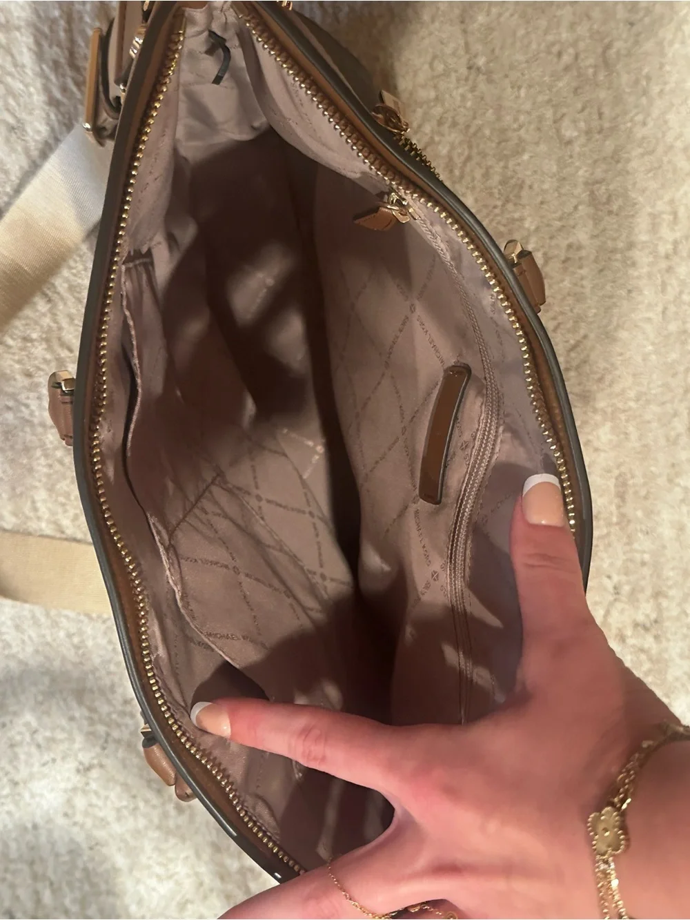 Michael Kors Gold Logo & Brown Leather Messenger with Beige Strap